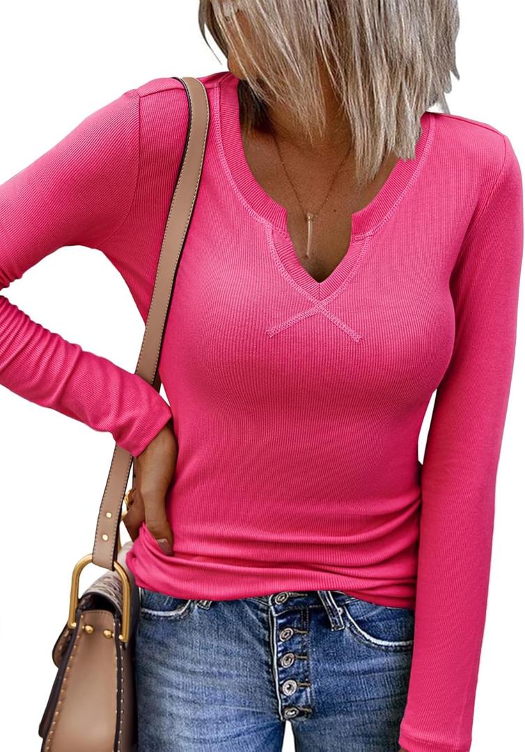 Zeagoo Womens Long Sleeve Shirts V-Neck Rib Knit Slim Fit Tops Casual Stretch Basic Tee Going Out Top Fall Fashion 2025 (Pink, M)