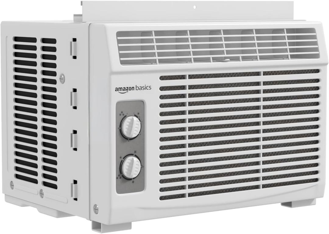 Amazon Basics 5000-BTU Window Air Conditioner with Quiet Operation, Up to 150 Sqf, Cool and Fan Functions, Washable Filter, Adjustable Window Kit, Intuitive Mechanical Controls, for Small Room, White
