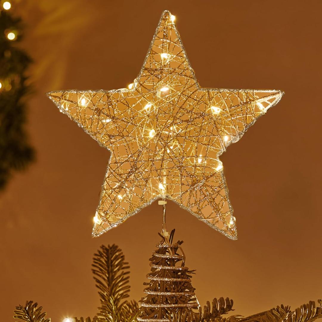 Joiedomi 8-inch Christmas Glitter Star Tree Toppers, Battery Powered Metal Silver Star Lighted with LED Warm White Lights for Xmas Decorations, Holiday Party Indoor Decor