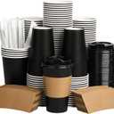 Coffee Cups with Lids 16 oz 100 Pack, Sleeves and Stirring Sticks, Black Disposable Hot Paper Cups with Lids, To Go Cups, for Parties, Picnic, Travel, and Events
