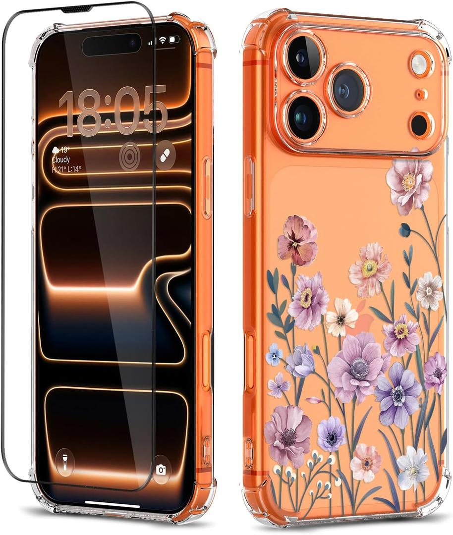 iPhone 17 Pro Max Case with Screen Protector [Full Camera Protection] Flower Pattern Design,Clear Soft Shockproof Floral Phone Cover for Women Girls 2025 6.9"