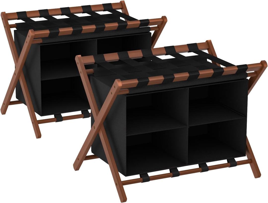 Bamboo Luggage Rack for Suitcases 2 Pack, Foldable & Easy to Assemble Suitcase Stand, Heavy Duty and Space-Saving Luggage Holder for Guest Room, Bedroom, Hotel