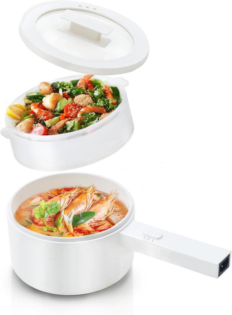 Hot Pot Electric with Steamer, 1.5L Ceramic Glaze Non-stick Portable Pot, Dual Power Multi-functional Electric Cooker, Suitable for Steak, Pasta, Hot Pot, Ramen, Dorm Room Essential (1.6 Quarts, White)