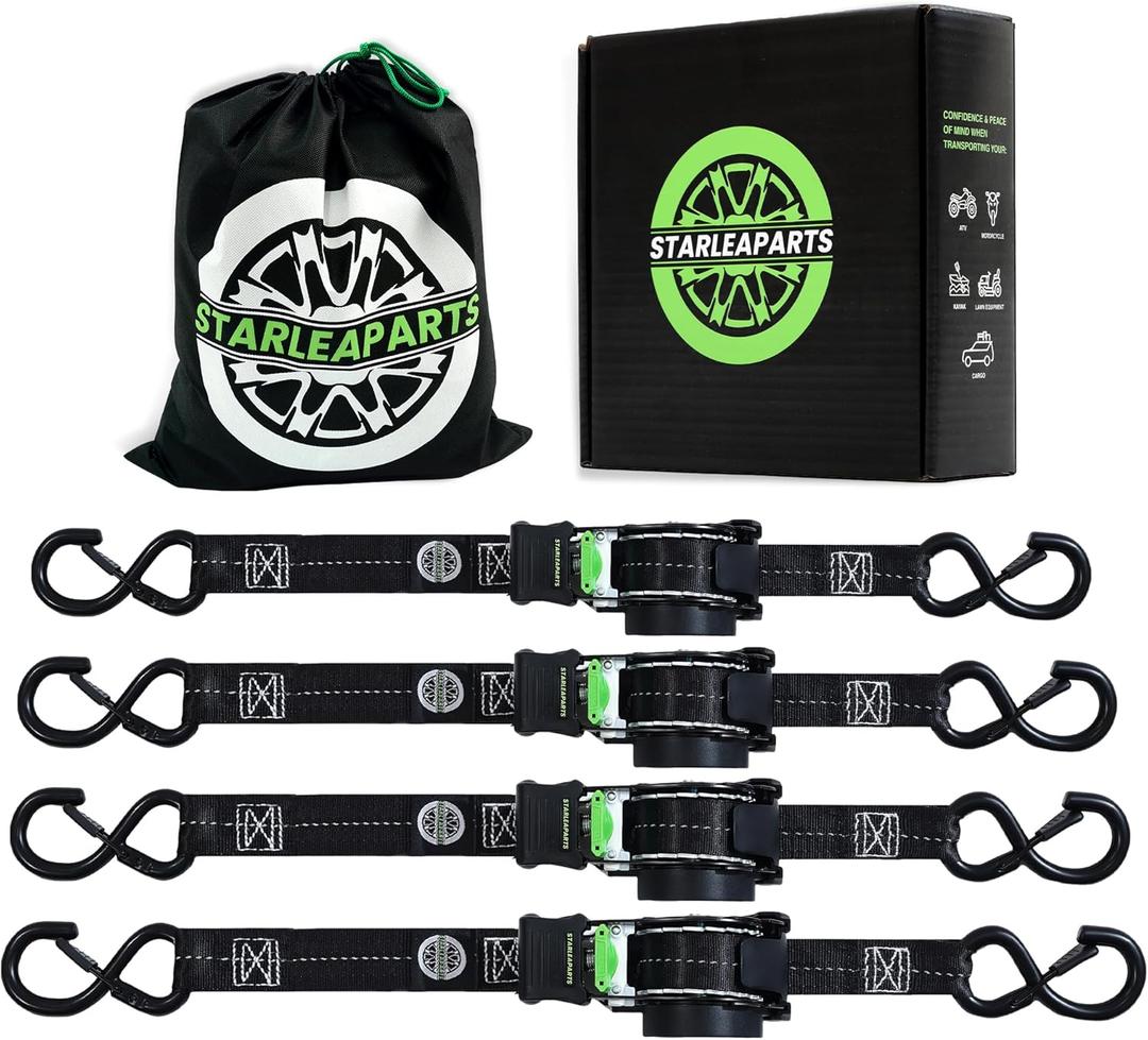 STARLEAPARTS Retractable Ratchet Straps(4PK) - 1,500lb Break Strength, Ratchet Straps Heavy Duty with Rubber Coated Handle, Perfect Auto Ratchet Straps for Motorcycle, Kayak and Trucks (Black)