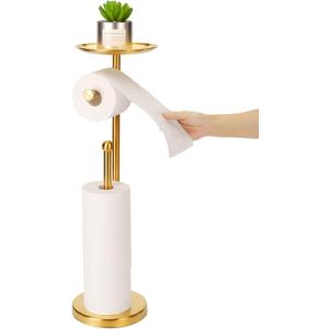 Toilet Paper Holder Stand with Phone Shelf, Gold TP Holder Freestanding, Holds 5 Rolls, Stainless Steel (Gold)