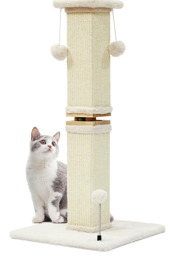 OTOB Cat Scratching Post 33 Inch, Nature Sisal Scratching Posts for Indoor Cats Adults Kitten, 6-in-1 Interactive Turntable Cat Scratch Post Protect Your Furniture, Large Kitten Scratcher, Beige
