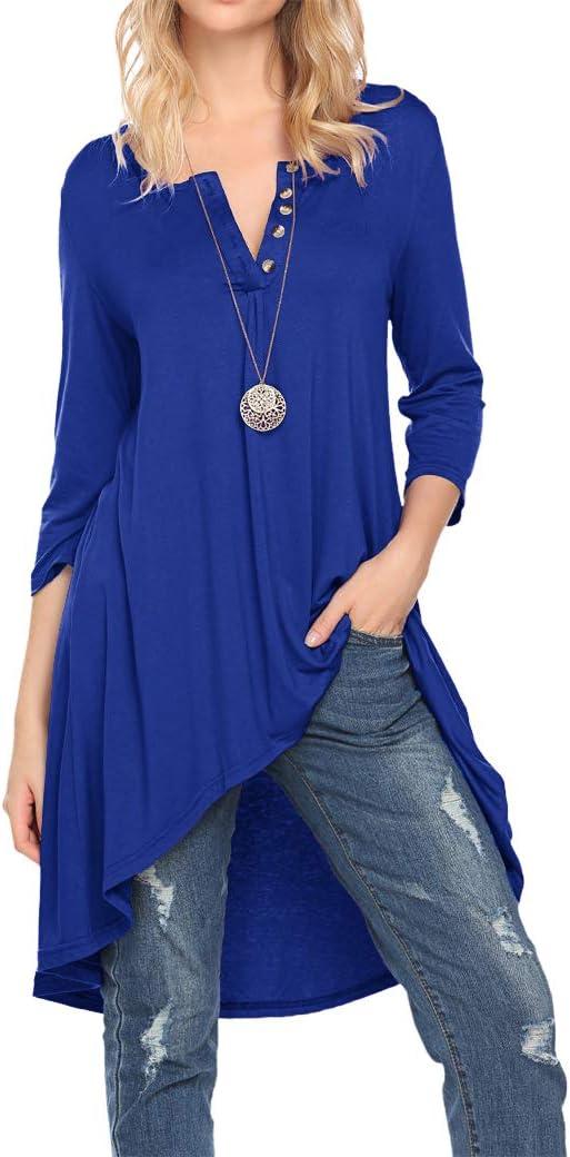 Naggoo Women's 3/4 Sleeve Button V Neck High Low Loose Fit Casual Long Tunic Tops Tee Shirts S-3XL (Blue, L) Naggoo Women's 3/4 Sleeve Button V Neck High Low Loose Fit Casual Long Tunic Tops Tee Shirts S-3XL (Blue, L)