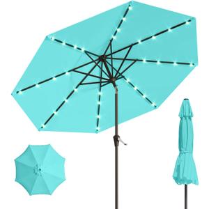 10FT Solar Umbrella 32 LED Lighted Patio Umbrella Table Market Umbrella w/Tilt and Crank, UV-Resistant Outdoor Umbrella for Pool, Garden, Deck, Aqua Blue