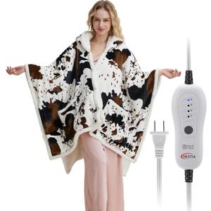 Heated Electric Blanket Shawl Cow Print Wearable Heated Blanket with Hood & Pocket, Winter Gifts for Adults, Soft Heating Blanket Throw with 4 Heat Levels & Auto Shut-Off, Cow Print, 50" x 64"
