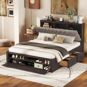Merax Queen Size Bed Frame with Upholstered Storage Headboard, Rustic Wood Platform Bed with Four Drawers and Shoe Rack, Sturdy Wooden Slats Support, No Box Spring Needed, Easy Assembly, Espresso