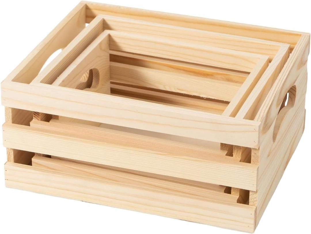 Set of 3 Rustic Wooden Nesting Crates with Handles, Decorative Wood Crates, Crate Box Wooden Storage Box for Kitchen, Office, Bedroom, Closet, Rustic Country Decor