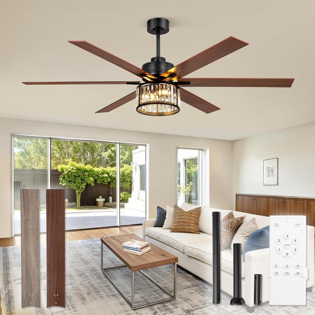 Fanbulous 65 Inch Farmhouse Crystal Ceiling Fan with Lights and Remote, Chandelier Ceiling Fan with Quiet Reversible DC Motor, Wood Blades - Ideal for Bedroom (Black Square)