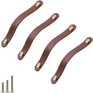 4 Pack Soft Genuine Leather Drawer Pulls Handle,Wardrobe Cabinets Kitchen Closet Knobs Door Pulls Handles knobs with Screws,Home Decoration, Handmade (4 Pack, 6.7" - Brown)