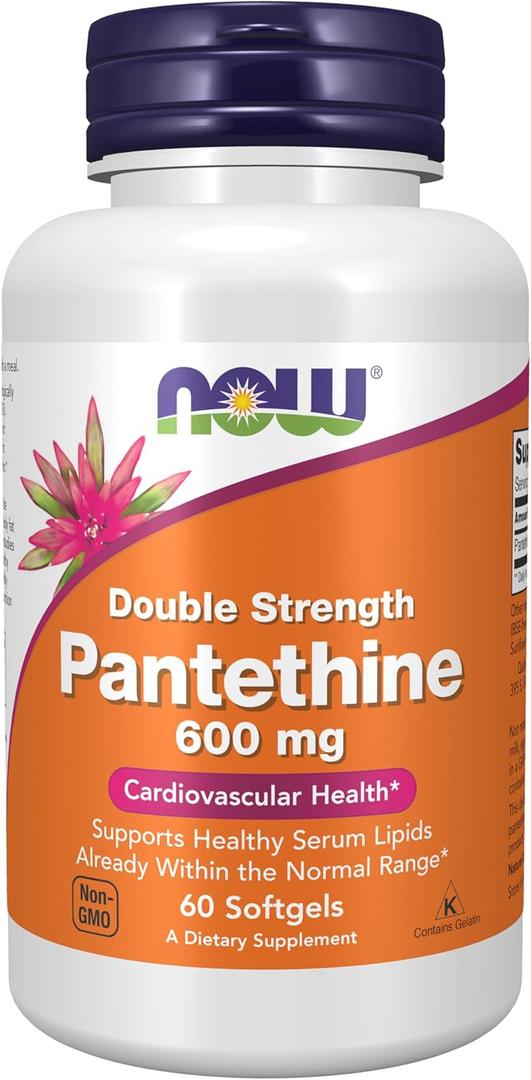 NOW Foods Supplements, Pantethine (Coenzyme A Precursor) 600 mg, Double Strength, Cardiovascular Health*, 60 Softgels (BBD: 10/2027)