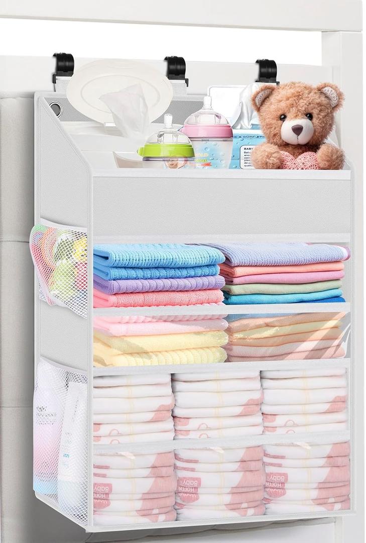 Hanging Diaper Caddy Organizer Crib OrganizerSpacious Baby Girl/Boy Nursery Organizer for Changing Table, Playpen/Wall- Hold 90+ Diaper (White)