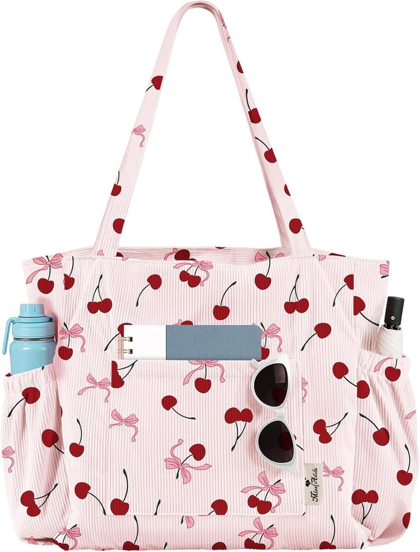 Large Corduroy Tote Bag for Women - Cute Shoulder Reusable Canvas Bags with Zipper Multi-Pocket for School