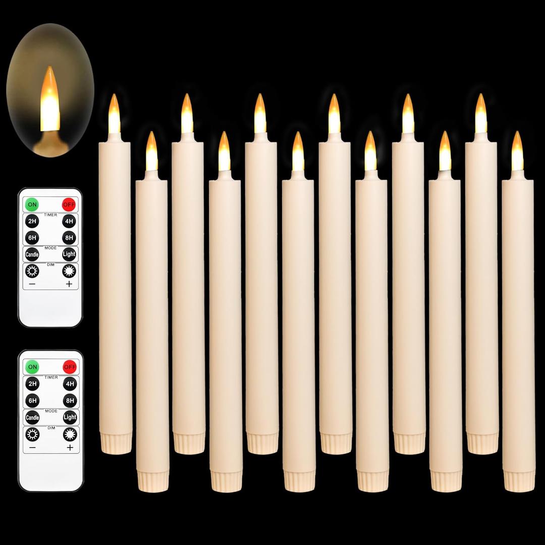 Flameless Ivory Cone Candle Flicker with 10 Keys Remote Control, Battery Powered LED Warm 3D Wick Window Candle Plastic 12 Pack, Christmas Home Wedding Decoration (0.78x9.84 inches)