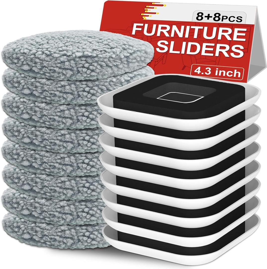 Kiss Core New Upgrade Furniture Movers Sliders, 8+8 Pack 4.3" Multi-Surface Furniture Sliders with Groove Design, 8PCS Moving Pads and 8 Hardwood Socks, Protect Floor and Easily Move Furniture