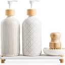 Getstar Hand and Dish Soap Dispenser Set, Ceramic Soap Dispenser for Bathroom and Kitchen with Rust Proof Pump and Tray, Set of 2 (White Pump w/Brush)