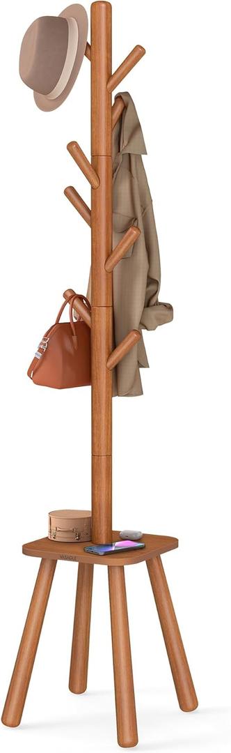 VASAGLE Coat Rack, Free Standing Coat Stand, Hall Coat Tree with 8 Hooks and Storage Shelf, 69.2 Inch Tall, for Coats, Hats, Bags, for Entryway, Hallway, Bedroom, Caramel Brown URCR033K01