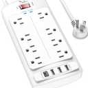 6FT Surge Protector Power Strip, Nuetsa Extension Cord with 8 Outlets and 4 USB Ports, 6 Feet Power Cord (1625W/13A), 2700 Joules, ETL Listed, White