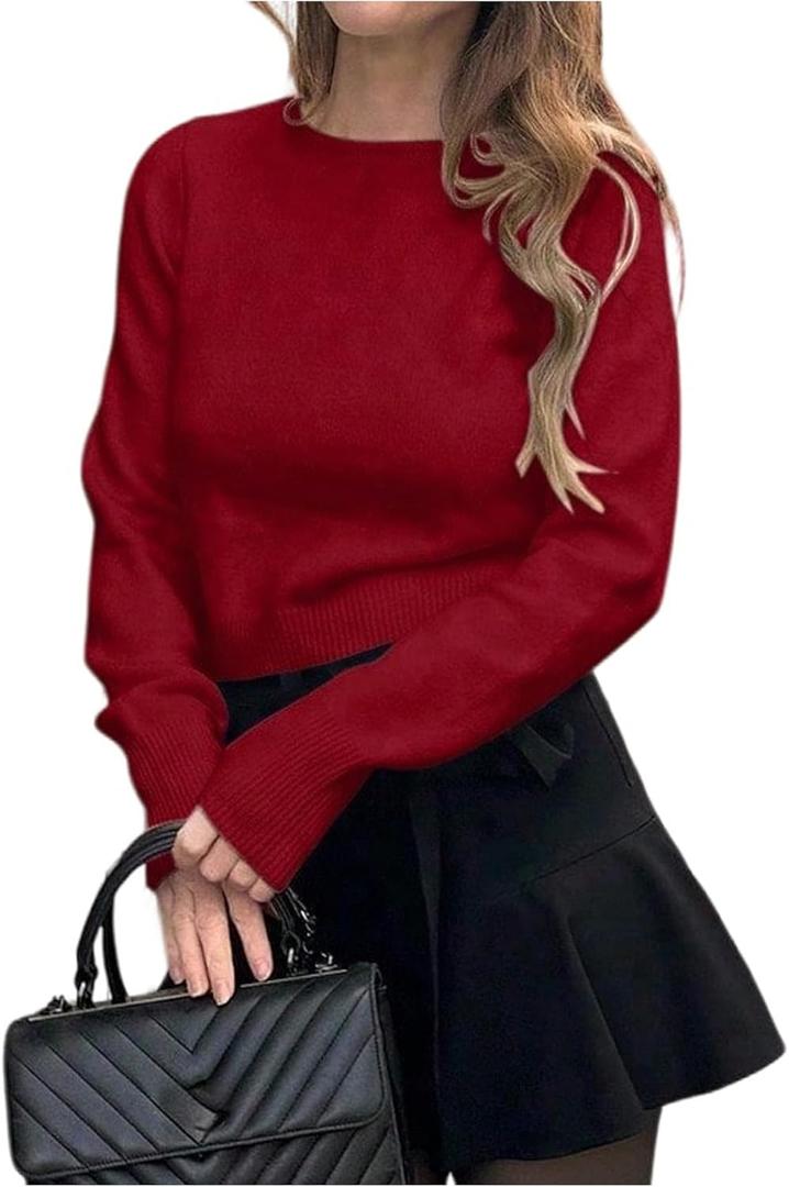 GORGLITTER Women's Striped Bow Cozy Fall Sweater Backless V Neck Cute Long Sleeve 2025 Pullover (Red, S)
