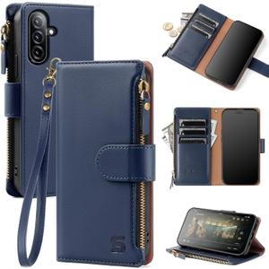 Compatible with Samsung Galaxy A17 5G / A26 5G Wallet Case with Card Holder,PU Leather Phone Case Flip Protective Cover Wrist Strap Zipper Credit Card Slots RFID Blocking Women Men,Blue