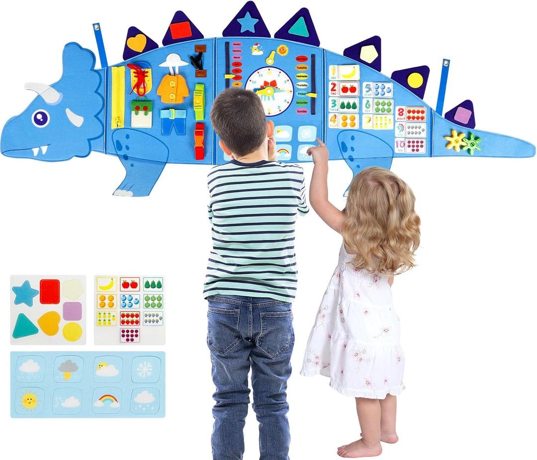 Dinosaur Montessori Busy Board for Kids: 16 Activities Sensory Wall for Baby 6-12 Months 2 3 4 5 Years - Fine Motor Skills and Early Learning Toys for Toddlers, Blue