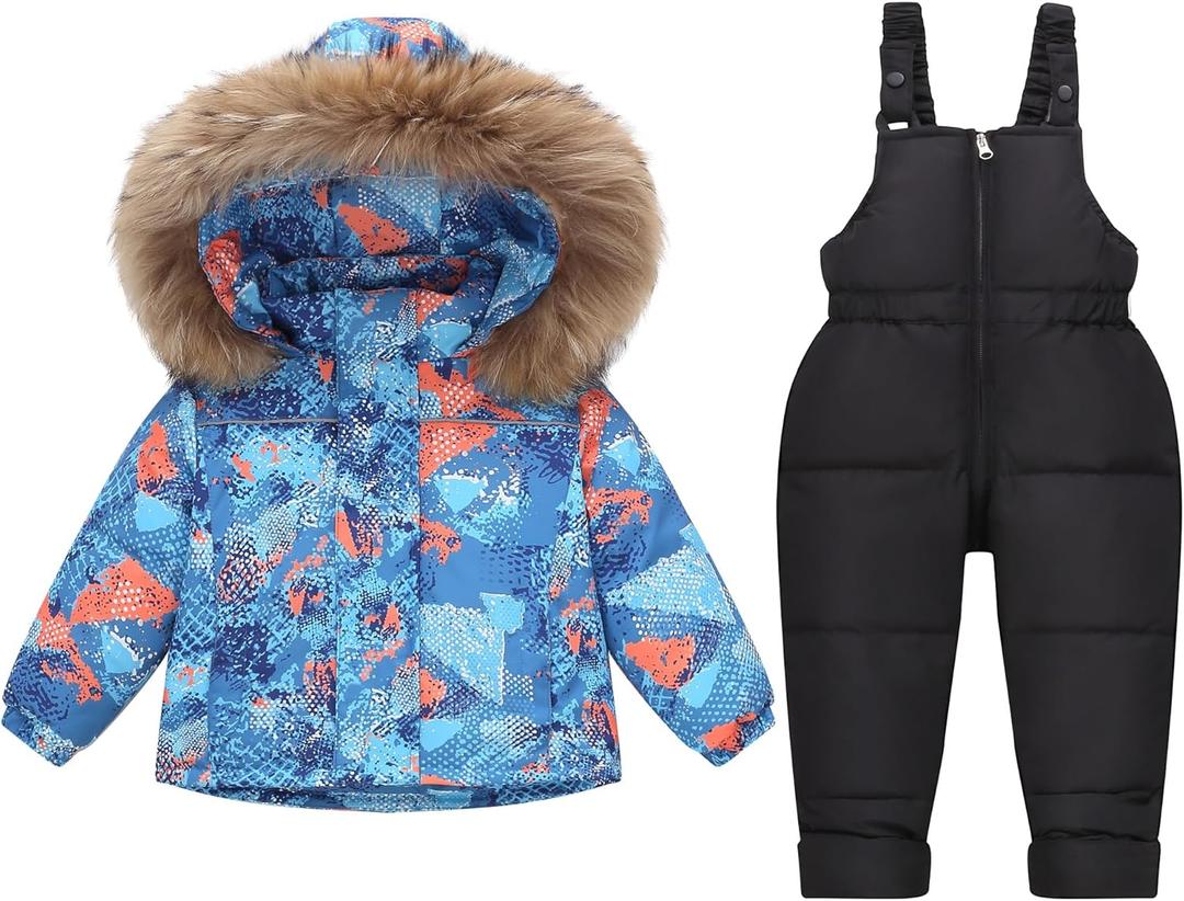 Coedody Toddler Boy Snow Suit Kid Winter Snowsuit Outfits Artificial Fur Hooded Jacket & Kids Snow Bibs Pants 2-6T (5-6 Years, Blue)