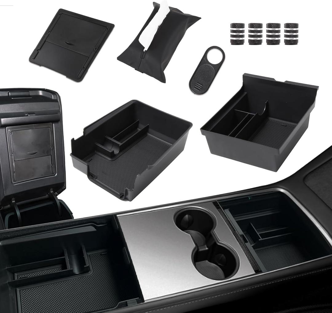 9PCS Center Console Organizer Tray Compatible for 2023-2021 Tesla Model 3 Model Y, Armrest Storage Box Tissue Holder Tire Valve Caps Webcam Cover Interior Accessories