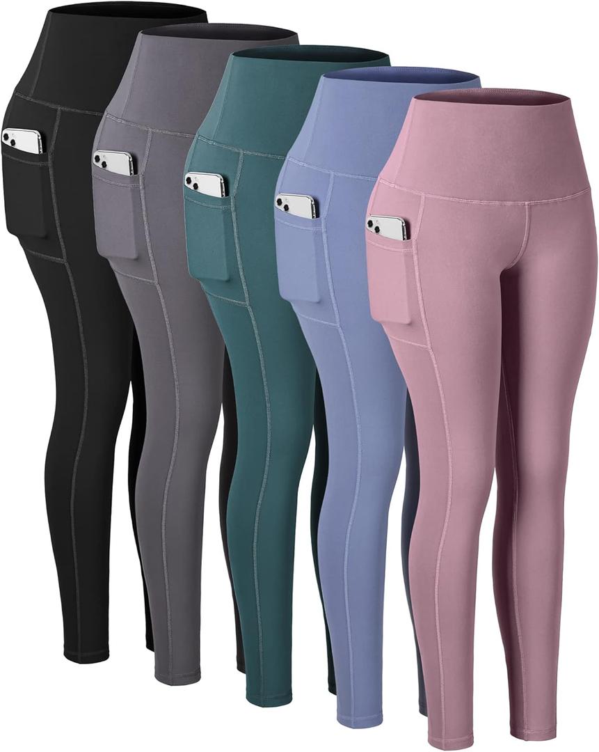CHRLEISURE Leggings with Pockets for Women, High Waisted Tummy Control Workout Yoga Pants (Large, 5 Packs - Black/Gray/Pink/Blue/Green)