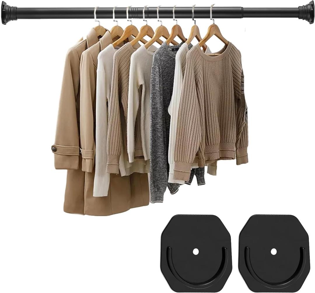 Closet Rod for Hanging Clothes, with No Drilling Holder 30 to 88 Inches Adjustable Matte Black Closet Rods, Space Saving Tension Spring Pole Heavy Duty Bar for Wardrobes, Shoe Cabinets