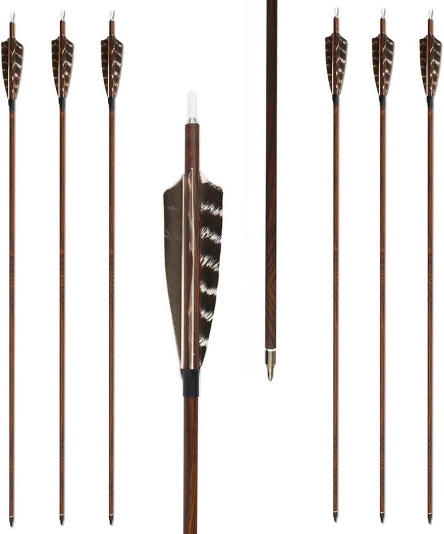 Letszhu Archery Carbon Arrows Wooden Grain Shaft 500 Spine with Feather Fletching for Hunting Target Shooting, 29 Inch Arrows 6 Pack