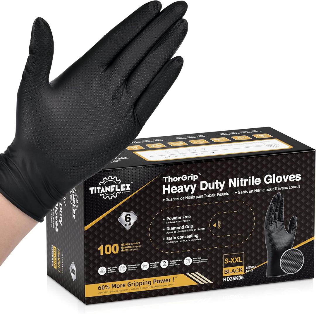 TitanFlex Heavy Duty Black Nitrile Gloves, Medium, 6 Mil with Raised Diamond Texture, Industrial Work Gloves Disposable Latex Free, Powder Free, Mechanic Disposable Gloves (Box of 100)