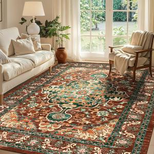 U'Artlines Boho Vintage Area Rug 6x9 ft Machine Washable Low Pile Soft Floor Carpet Non Slip Non Shedding Accent Rug for Living Room Bedroom Entryway Dining Room Office RustTeal (6'x9')