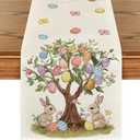 Artoid Mode Bunny Rabbit Eggs Tree 210 GSM Easter Table Runner, Seasonal Spring Floral Kitchen Dining Table Decoration for Home Party Decor 13x120 Inch