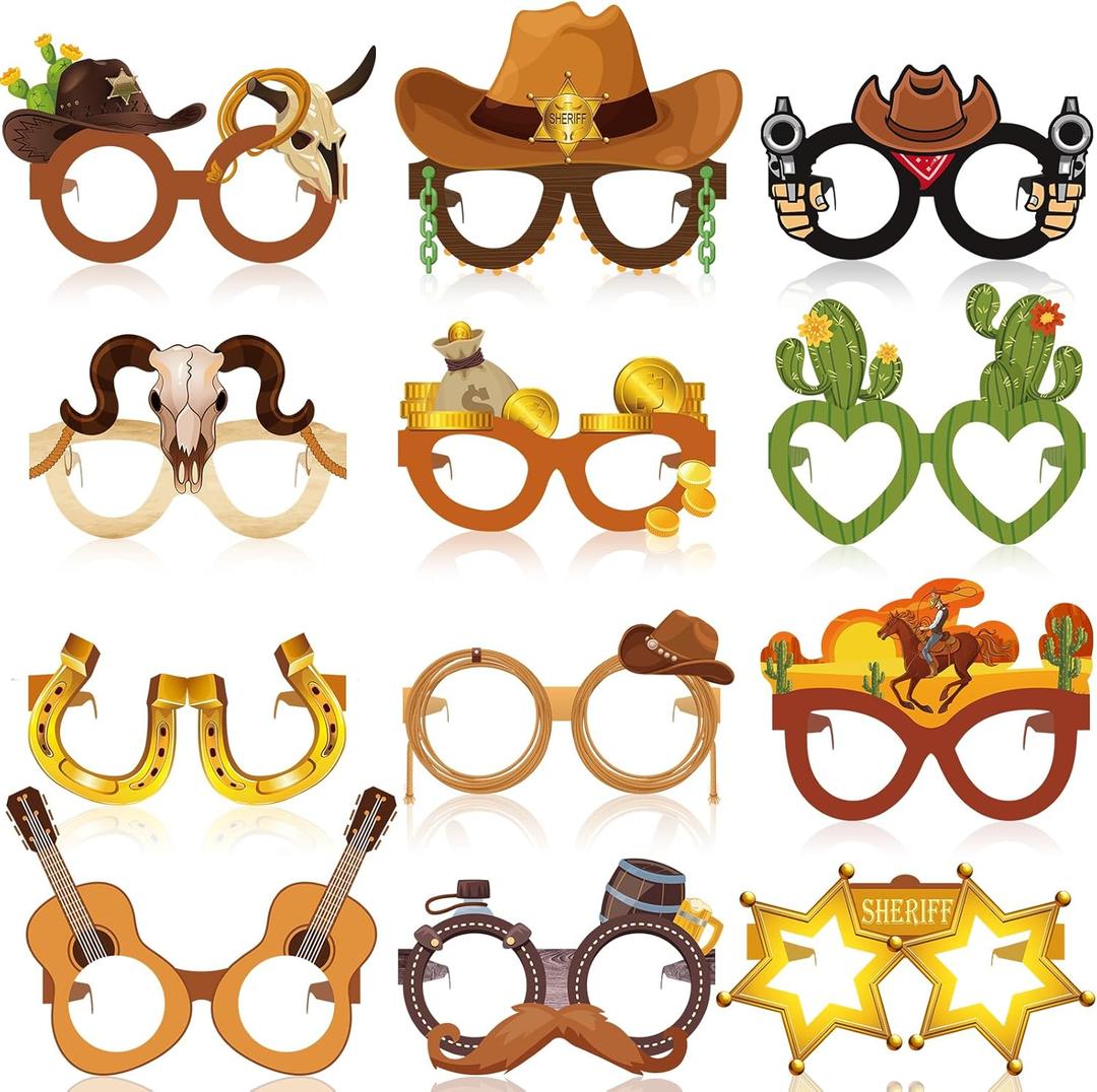 Jenaai 48 Pcs Western Party Favors Paper Glasses, Cowboy Photo Booth Props for Adults, Wild West Rodeo Theme Party Decor Supplies