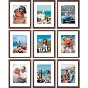 Vittanly 11x14 Picture Frames Set of 9, Shatter Resistant Plexiglass, Display 8x10 Pictures with Mat or 11x14 without Mat, Photo Frames for Wall or Tabletop, Engineered Wood, Walnut