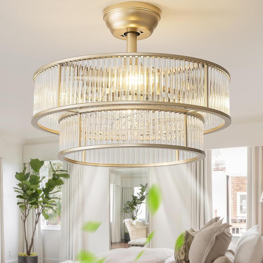 Gold Fandelier Ceiling Fans with Lights, 20" Gold Crystal Chandelier Ceiling Fan with Light Remote Control, Caged Mid Century with 6 Speeds for Bedroom, Living Room, Nursery