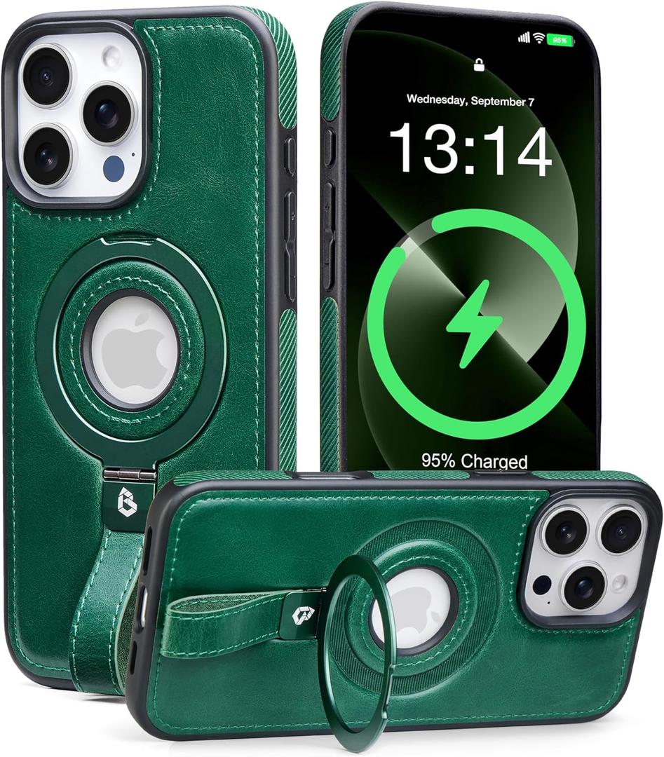 Butaiga for iPhone 13 Pro Leather Case with Stand, Anti-Slip Grip Ring, Fits for MagSafe (Green, iPhone 13 Pro)