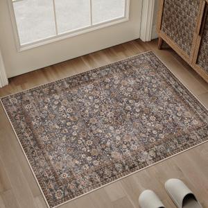 HUGEAR 2x3 Small Rug Machine Washable Area Rug Tradition Brown Entryway Rugs Entrance Door Mat Indoor Accent Rugs Floral Low Pile Carpet Distressed Throw Rug Kitchen Bedroom Office Non Slip