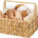 StorageWorks Wicker Silverware Organizer with Handle, Water Hyacinth Kitchen Utensil Holder, Large Utensil Holder for Kitchen Counter, Spoon Forks Cutlery Caddy, Paper Plate Dispenser for Countertop