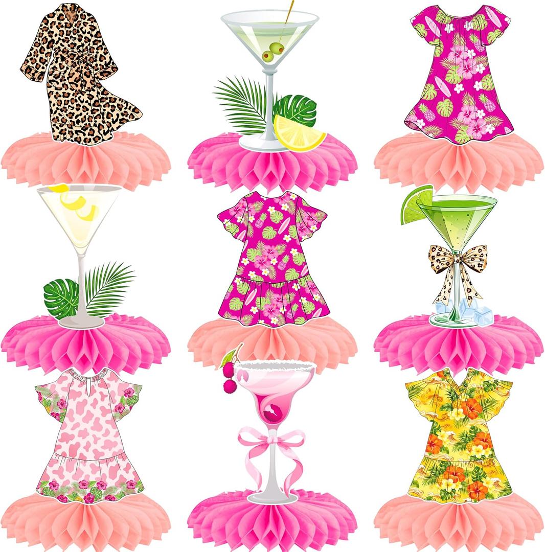 2 x Hawaiian Tropical Cocktail & Floral Dress Honeycomb Table Centerpieces 9pcs Double-Sided Decorations for Bachelorette Bridal Shower Luau Summer Beach Party