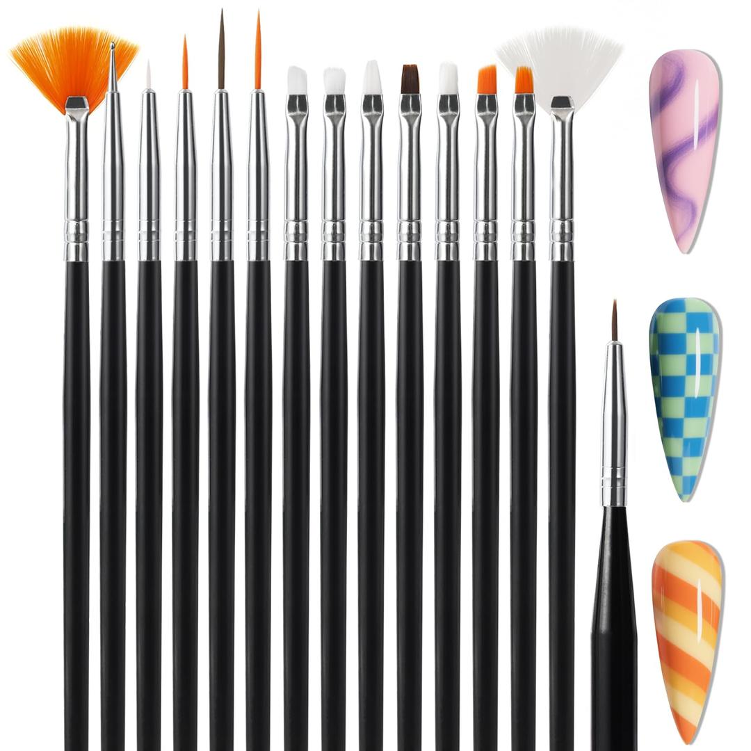 Artdone 15pcs Pink Nail Art Brushes, Nail Art Tool Set, Dotting Tools, Dust Brush, Striping Brushes for Long Lines, Drawing Pen For Gel Polish Design supply