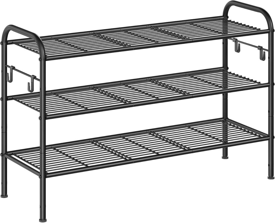 SONGMICS Shoe Rack, 3-Tier Shoe Organizer, Metal Shoe Shelf Storage with 4 Side Hooks, Holds 16 Pairs of Shoes, Height-Adjustable Shoe Rack for Entryway, Hallway, Closet, Ink Black ULMR138B01