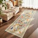 Beige Floral 5x7 Washable Area Rug, Non-Slip Low-Pile Carpet for Living Room, Bedroom