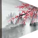Handmade Traditional Chinese Oil Painting Pink Plum Blossom Canvas Wall Art Modern Black and White Landscape Artwork, 40"L x 20"W