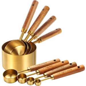 Gold Measuring Cups and Spoons Set,8 Piece Premium Stainless Steel Measuring Cups with Wood Handles,4 Stackable Wooden Measuring Cups and 4 Measuring Spoons Set for Baking Supplies in the Kitchen