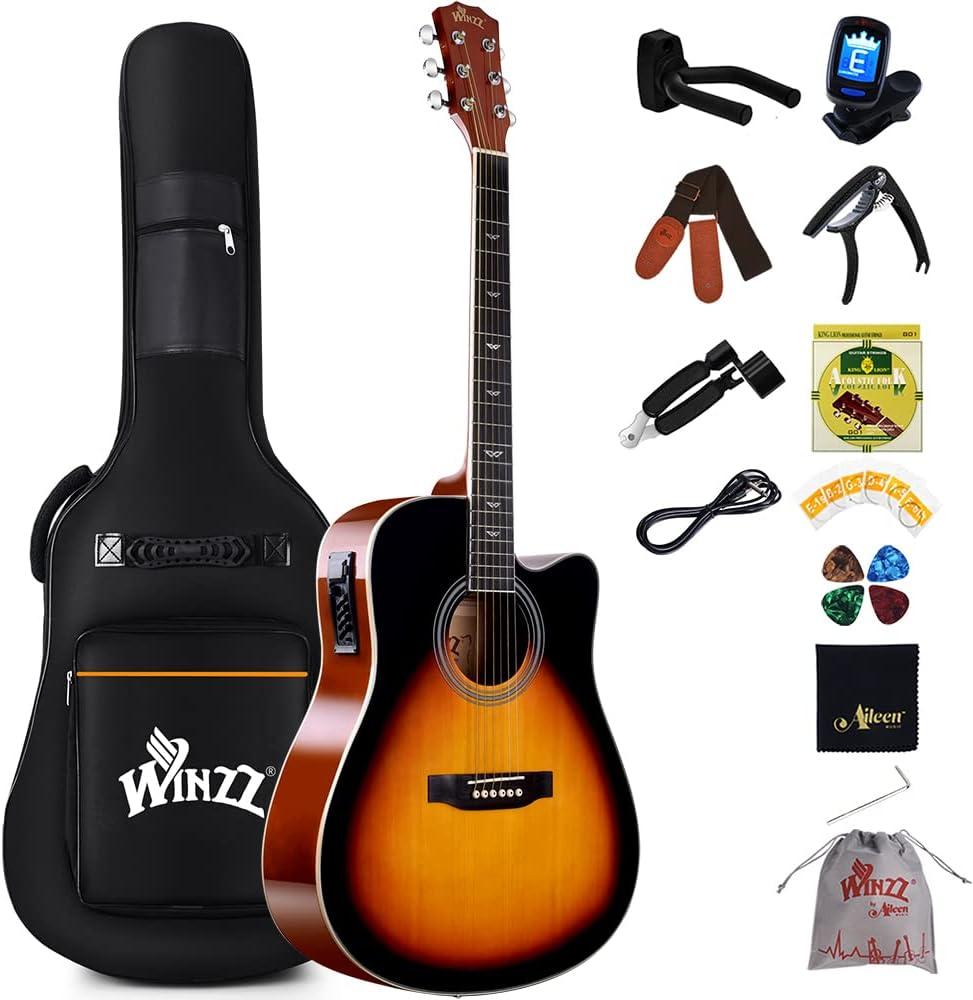 Winzz Acoustic-Electric Guitar 4/4 Full Size for Adults Beginners and Teens,6 Steel-String Acustica Guitarra Starter Kit, 4-Band Equaliser, 41" Dreadnought Cutaway, Glossy Sunburst, Right Hand