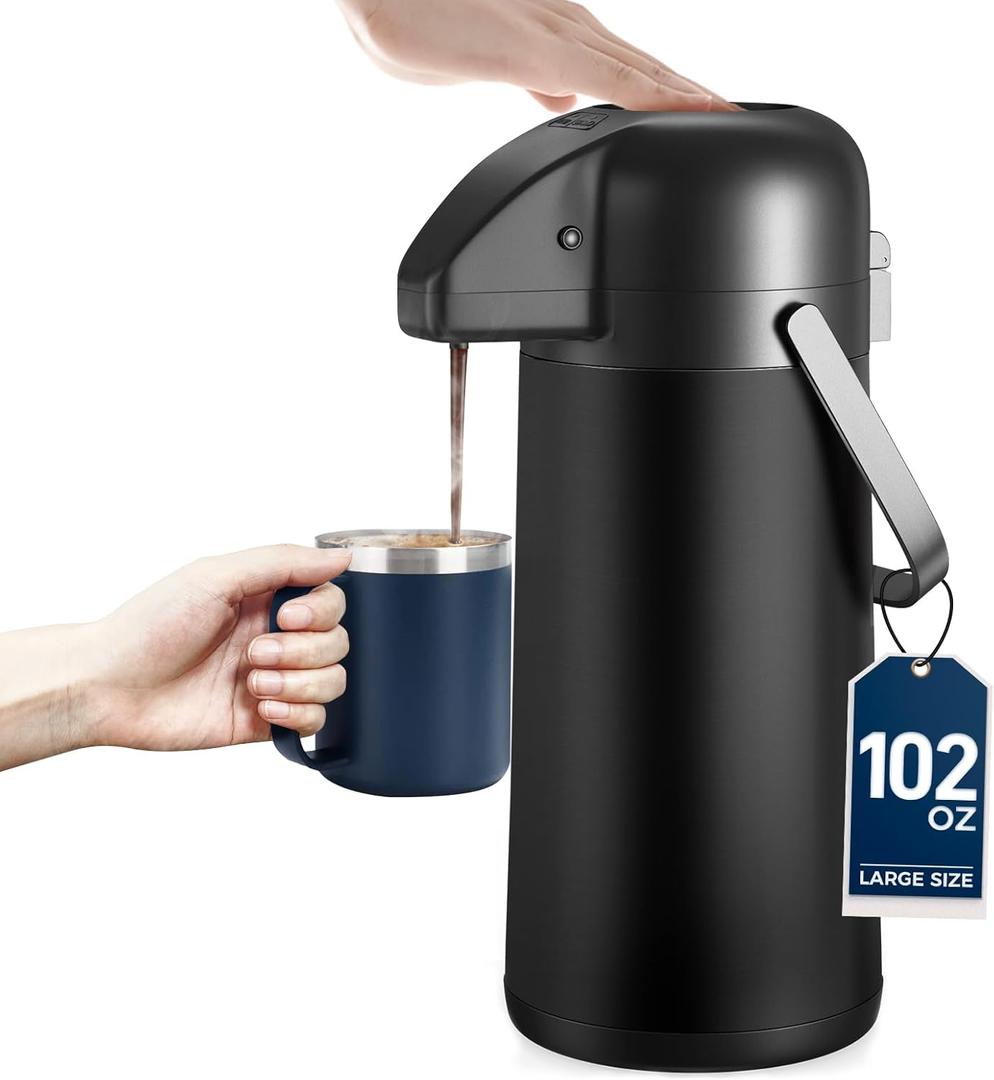 Coffee Carafe for Keeping Hot - Gezoss 102OZ / 3L Airpot Coffee Dispenser with Pump - Large Coffee Carafe for Hot Drinks Tea Liquid - Insulated Stainless Steel Hot Water Beverage for Parties,Black